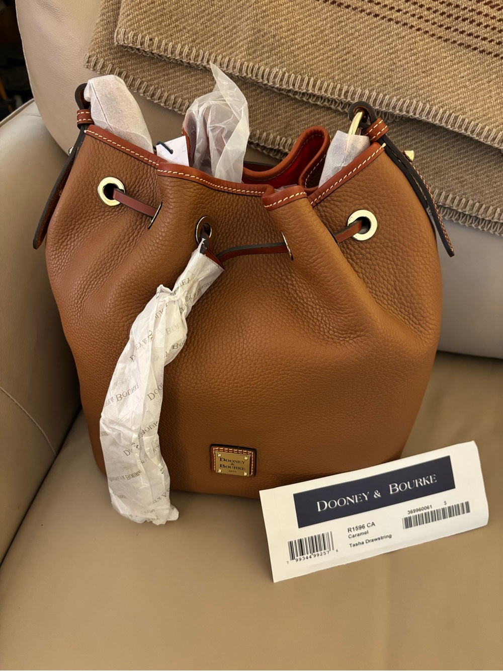 Dooney & Bourke Caramel Pebbled Leather Drawstring Bucket Bag